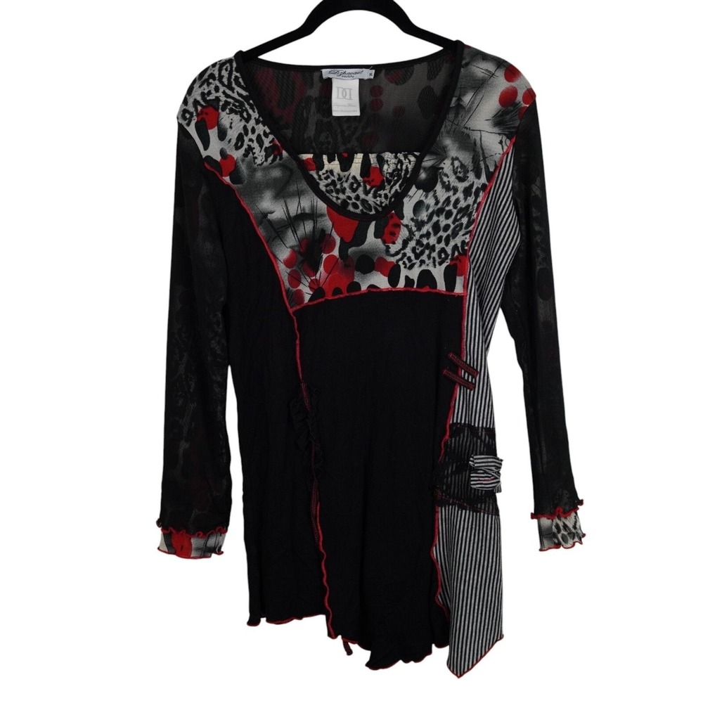 Dzhavael Couture Top Womens XL Mixed Print Mesh Sleeve Asymmetric Hem Grunge